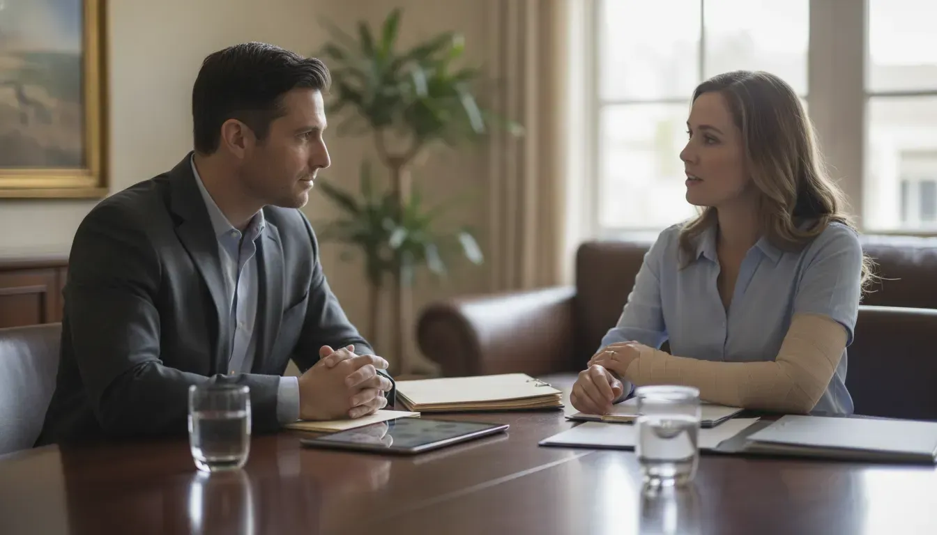 An attorney meeting with an injured client in a Los Angeles law office