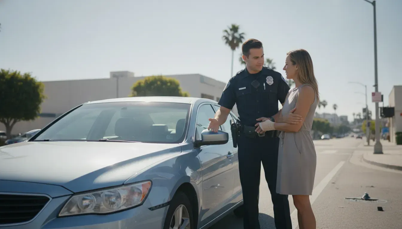 A police officer speaking with a woman beside a damaged car on a Southern California street