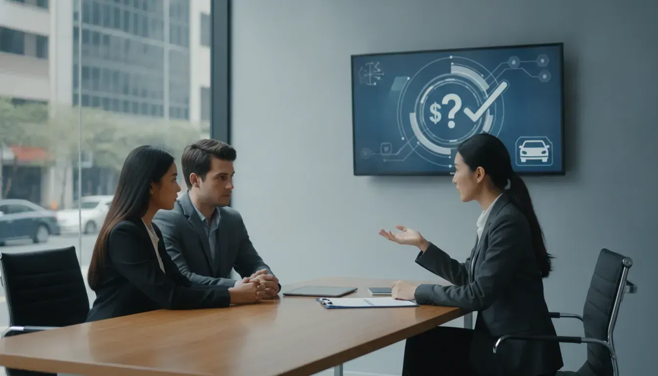 An attorney explaining car accident claim options to two clients in a conference room