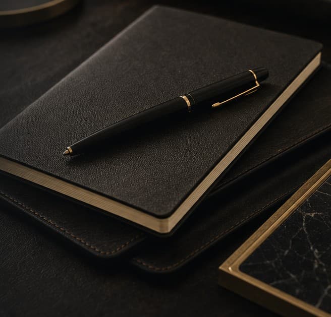 A black leather notebook with a gold-trimmed pen resting on a dark desk