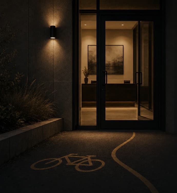 A warmly lit office entry at dusk with a painted bicycle-lane route curving toward the door