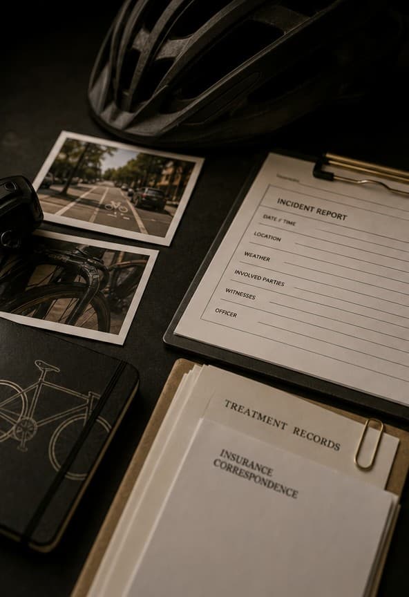 Bicycle helmet, roadway photographs, an incident report clipboard, and treatment records on a dark desk