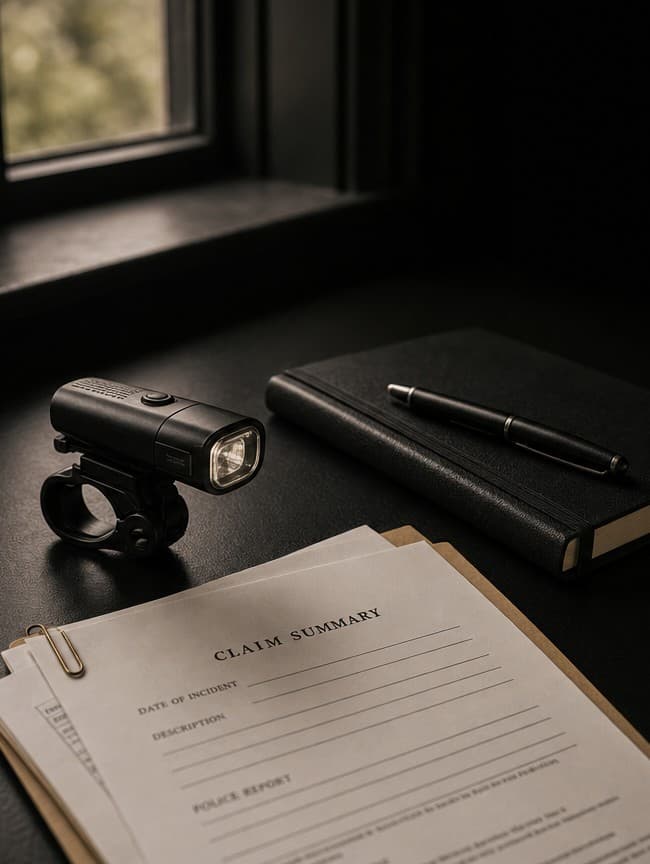 A bicycle light, notebook, pen, and claim summary paperwork on a dark office table beside soft window light