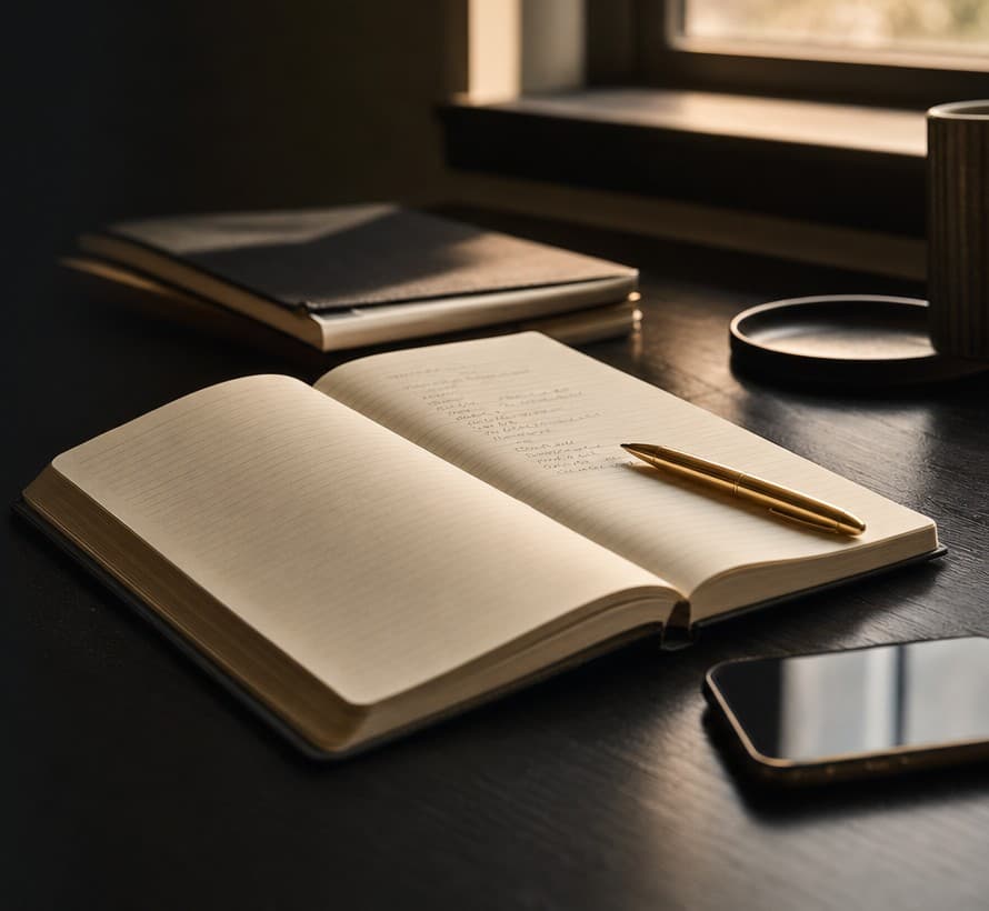 An open notebook and brass pen on a sunlit reading desk