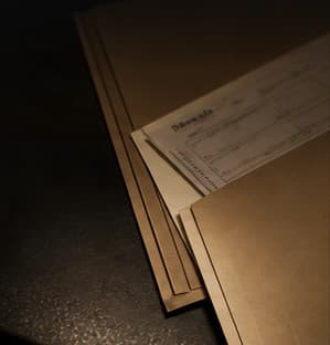 Blank record folders layered on a dark desk