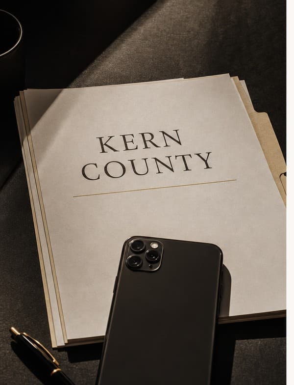 A Kern County file folder with a phone and pen on a charcoal desk
