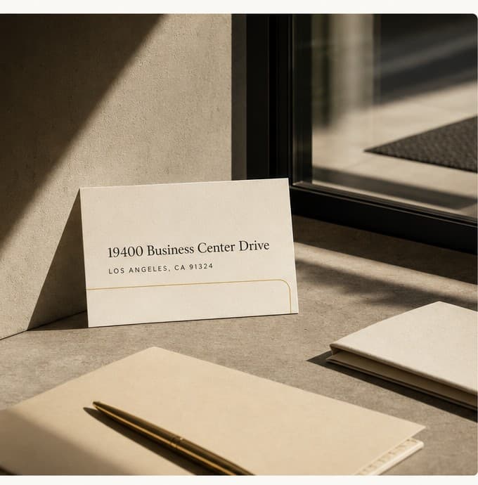 An address card reading 19400 Business Center Drive, Los Angeles, CA 91324 beside a building entry