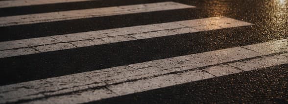 Crosswalk stripes on rain-textured asphalt at night