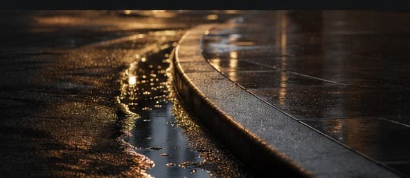 Wet curb and paving reflecting warm evening light
