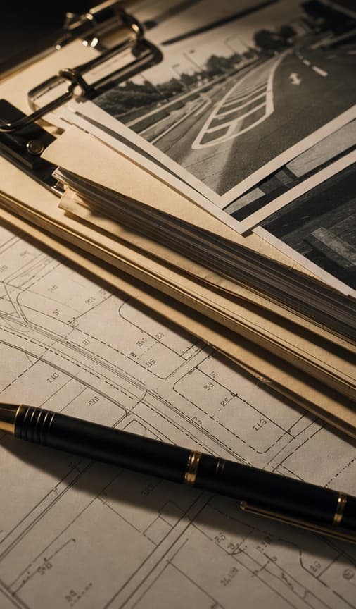 Clipped accident records, roadway photographs, and site linework on a reading desk