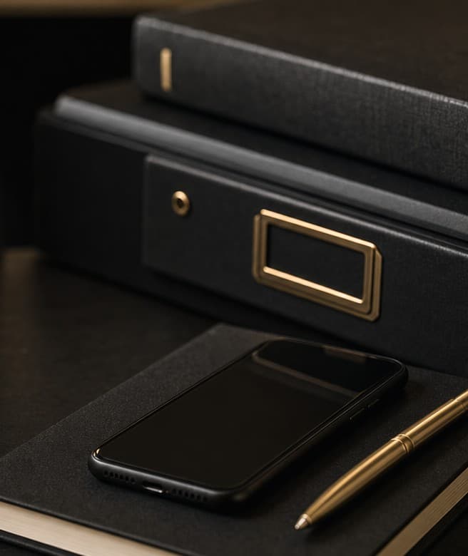 Black storage boxes with brass label frames above a phone resting on a dark notebook