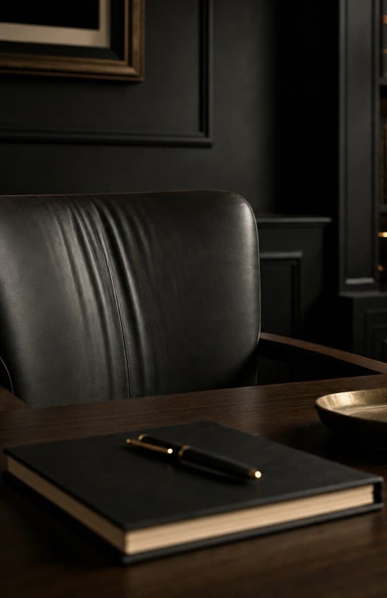 An empty leather chair behind a dark desk with a closed notebook and pen