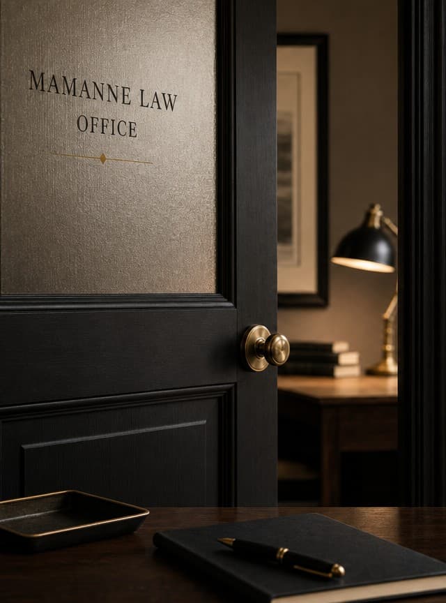 A dark office door with a frosted-glass Mamanne Law panel, warm lamplight beyond