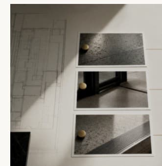 Floor-condition photographs pinned beside an architectural floor plan