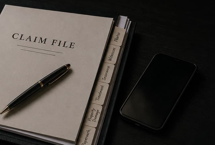 A tabbed claim file with a pen and phone arranged on a dark desk