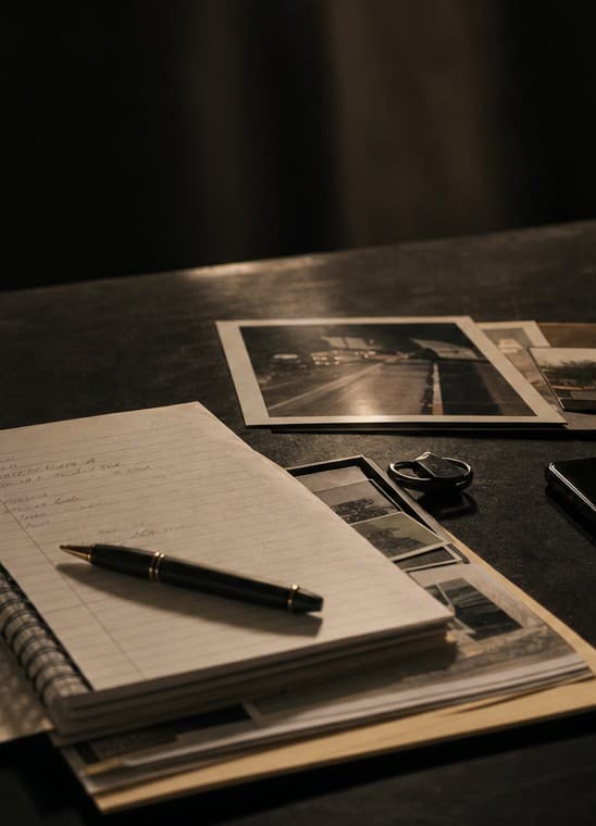 A lined notebook, pen, and roadway photographs gathered on a reading desk