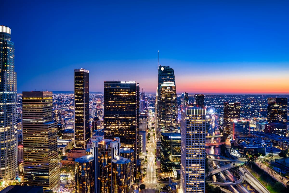 Downtown Los Angeles skyline at blue hour
