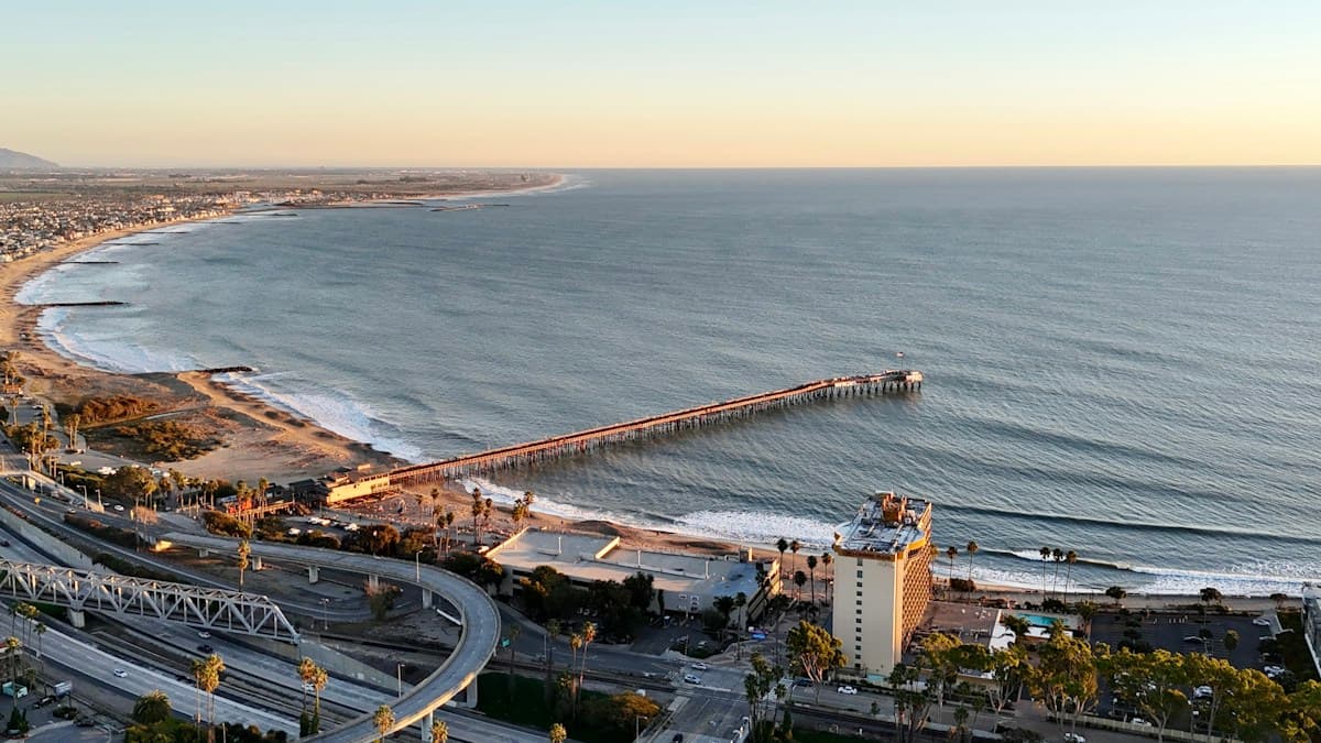 Aerial view of Ventura Pier and the Pacific coastline