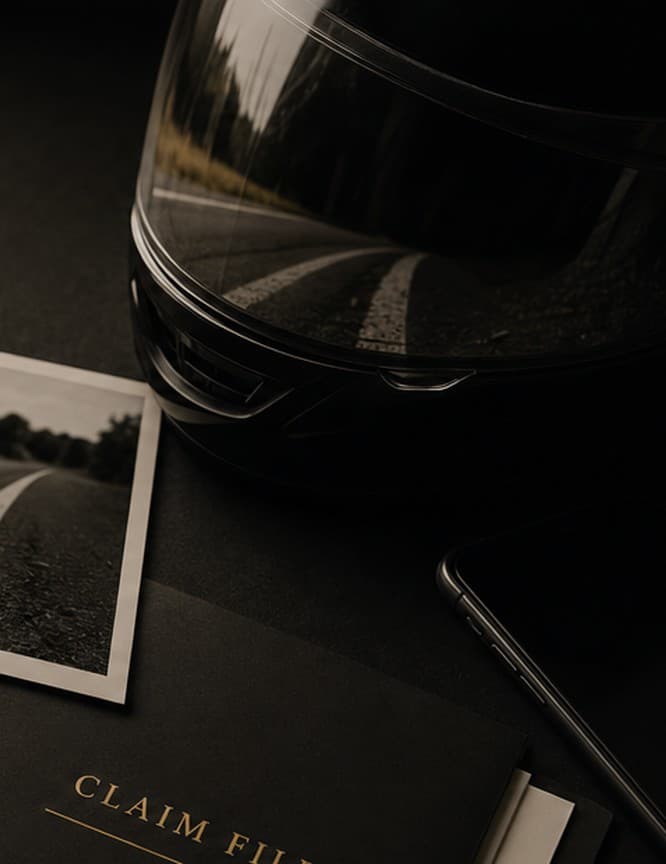 Motorcycle helmet beside a road photograph, phone, and claim file