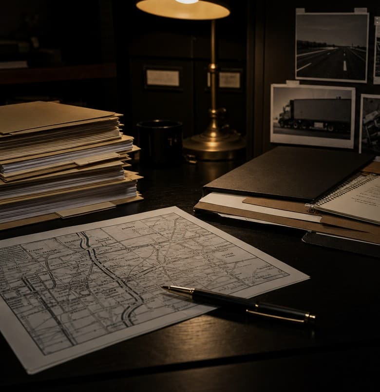A lamp-lit desk with stacked files, a printed route map, and a pen
