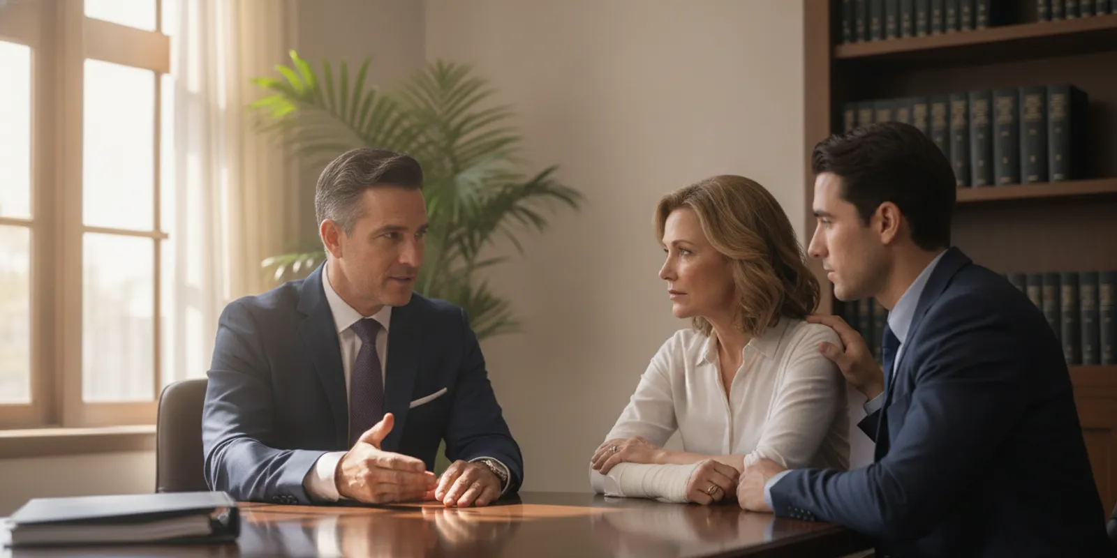 Family members speaking with an attorney at a table after a loss