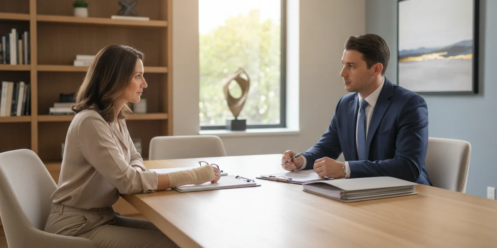 Attorney reviewing car crash documents with an injured client in a calm office setting