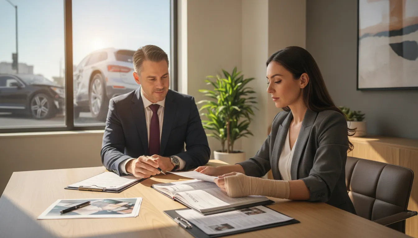 California attorney reviewing an auto insurance policy with an injured driver