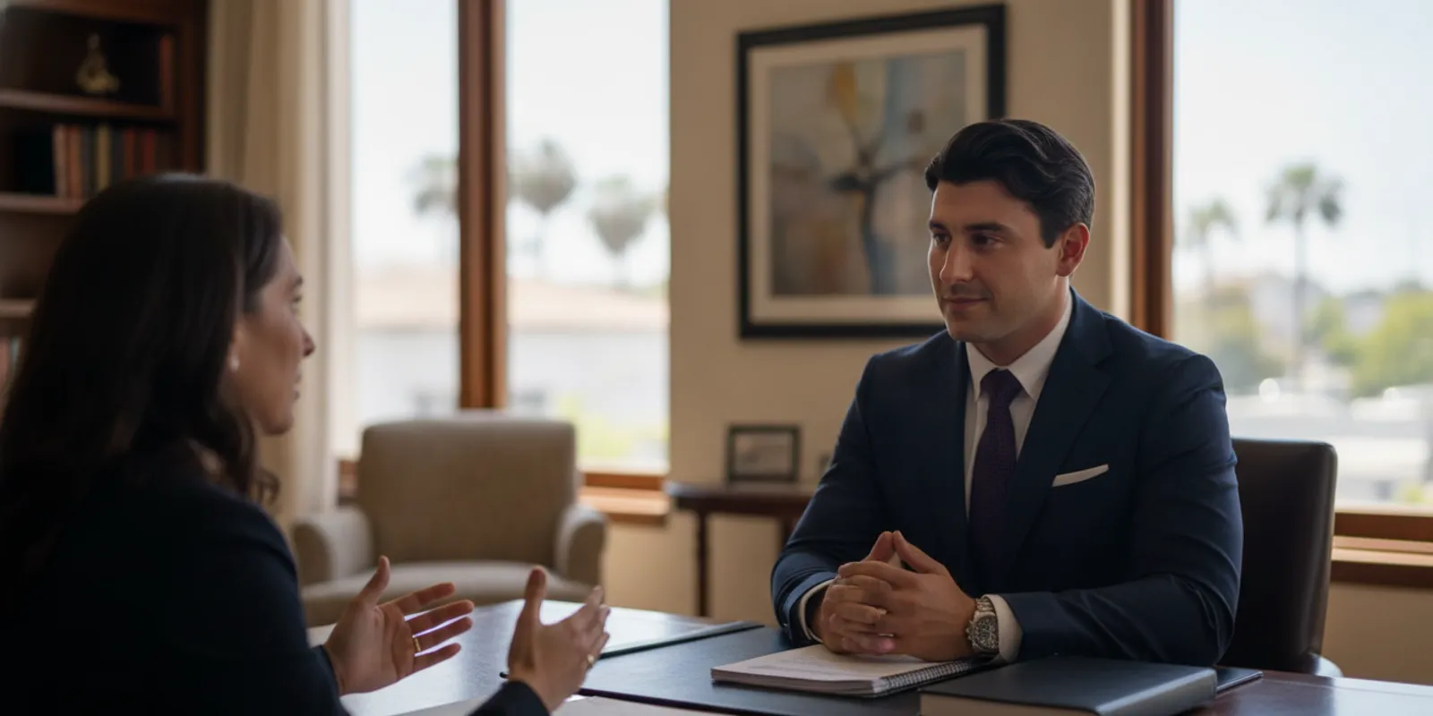 An attorney speaking with a client after a car accident in a calm office setting