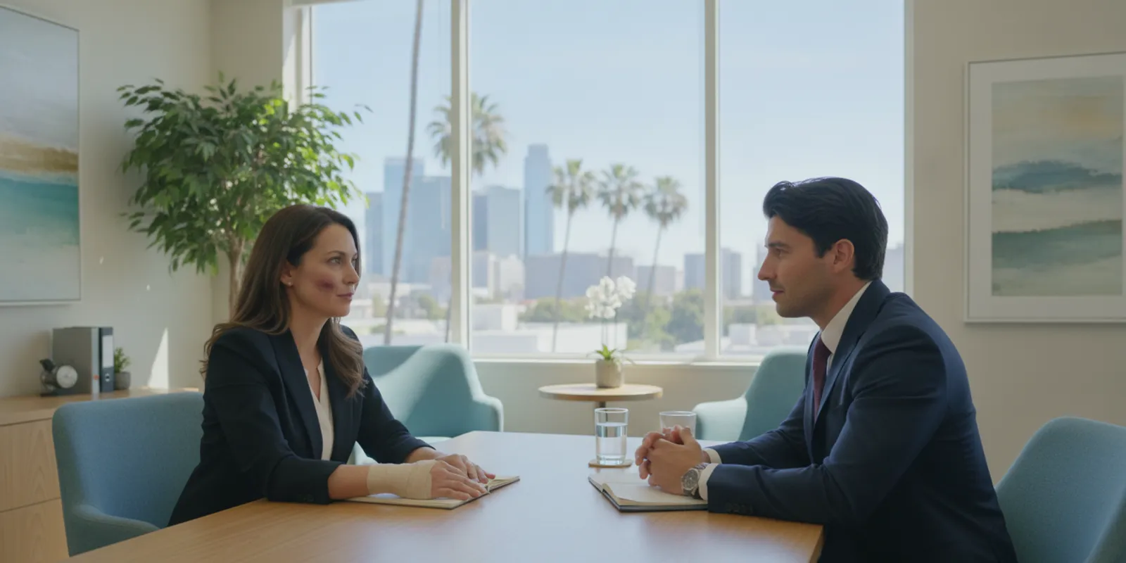 Attorney speaking with an injured driver about a car collision in a calm Los Angeles office