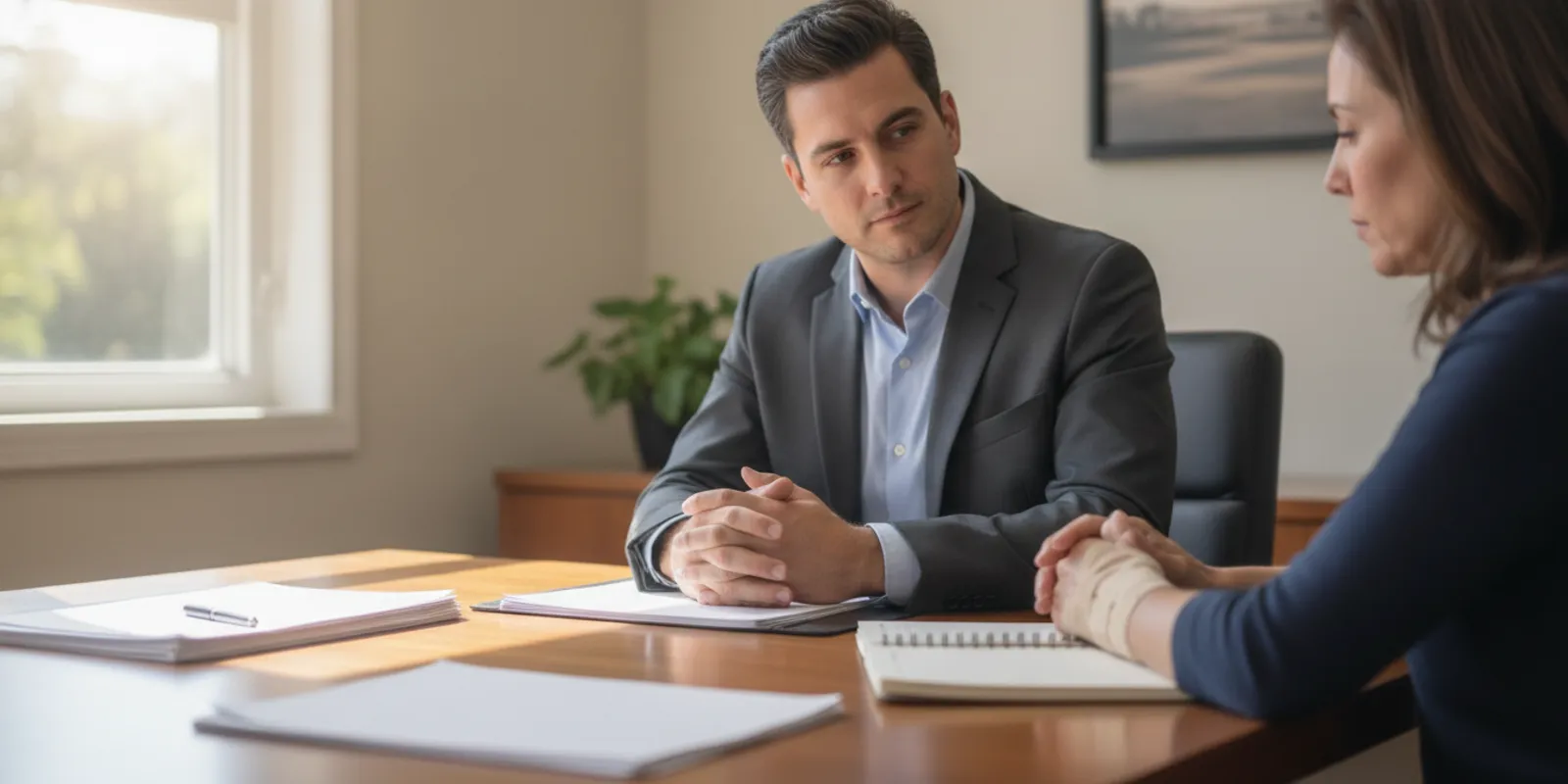 An attorney speaking with an injured client at a desk in a calm office