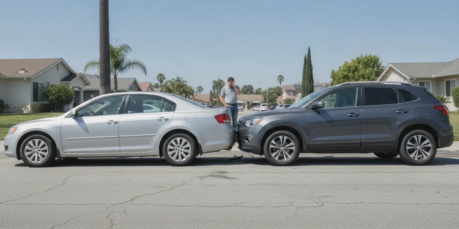 Damaged cars stopped after a rear-end crash on a California street