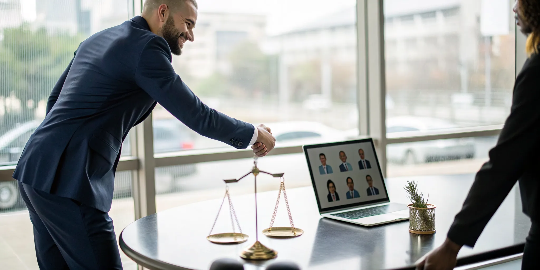 A client in a consultation with the best car wreck lawyer, with scales of justice on the table.