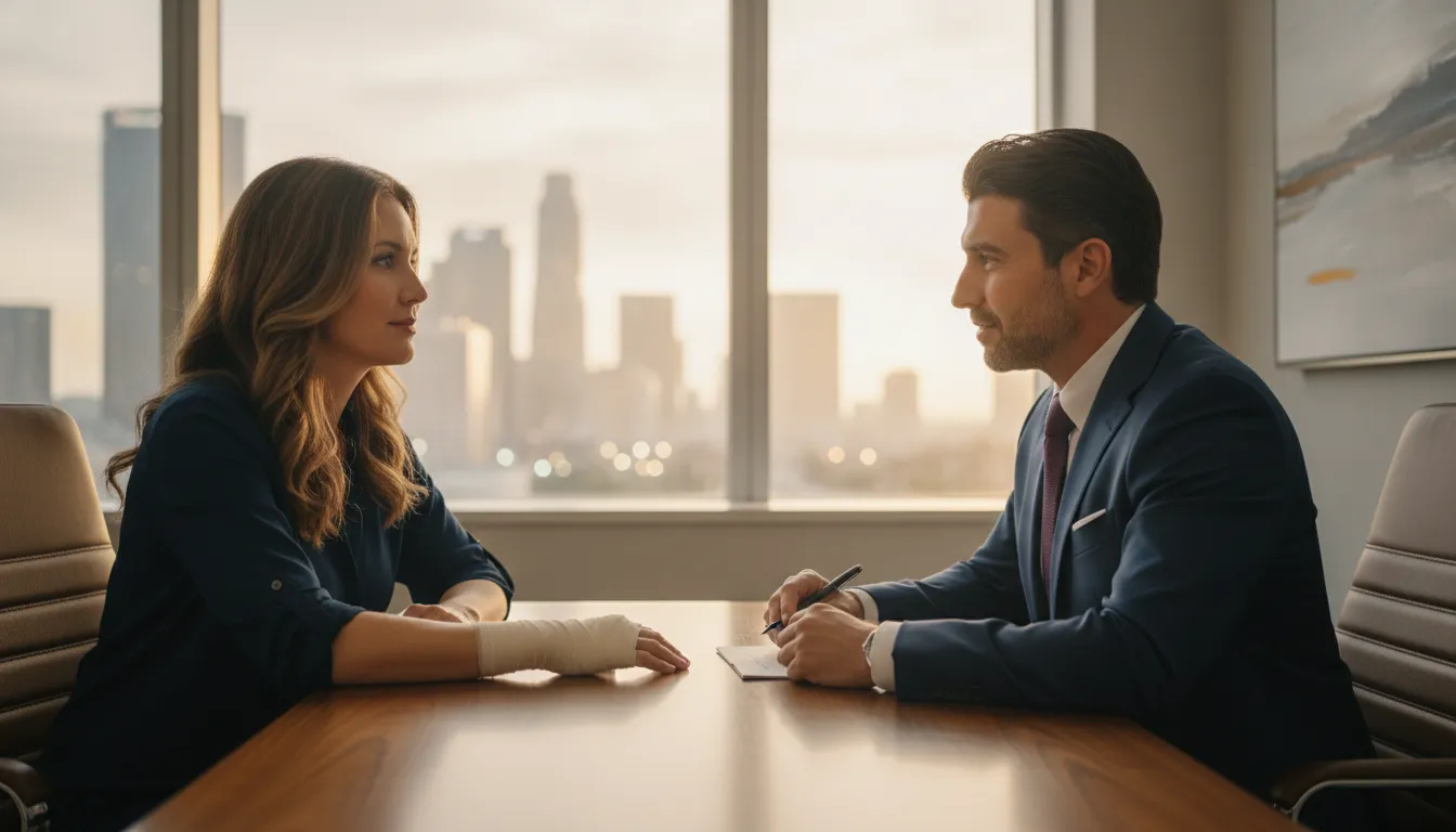 Personal injury attorney speaking with a client in a Los Angeles office