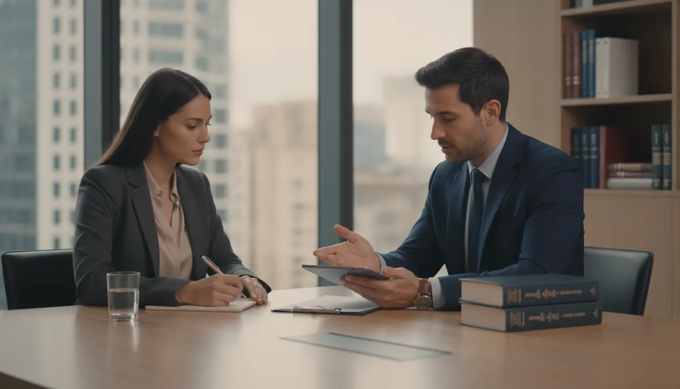 Lawyer consultation with a client discussing case details and reviewing documents.