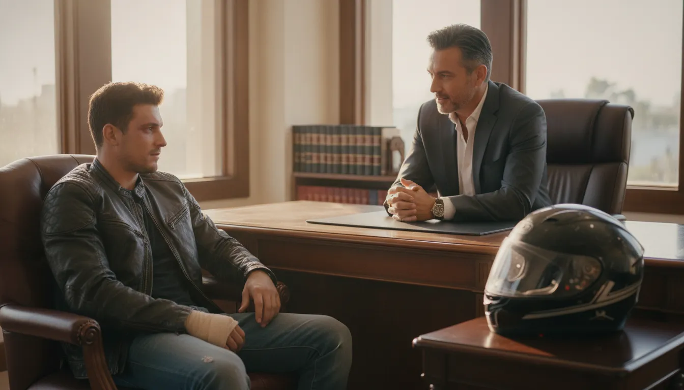 Injured motorcyclist reviewing crash paperwork with an attorney in a Los Angeles office