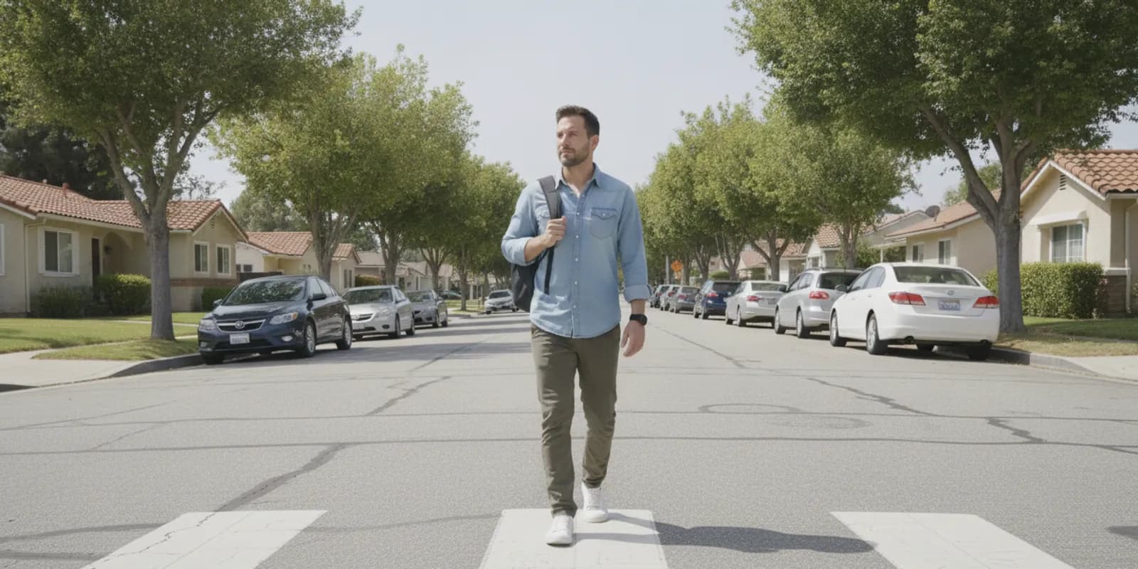 Pedestrian crossing a San Fernando Valley street near a marked crosswalk
