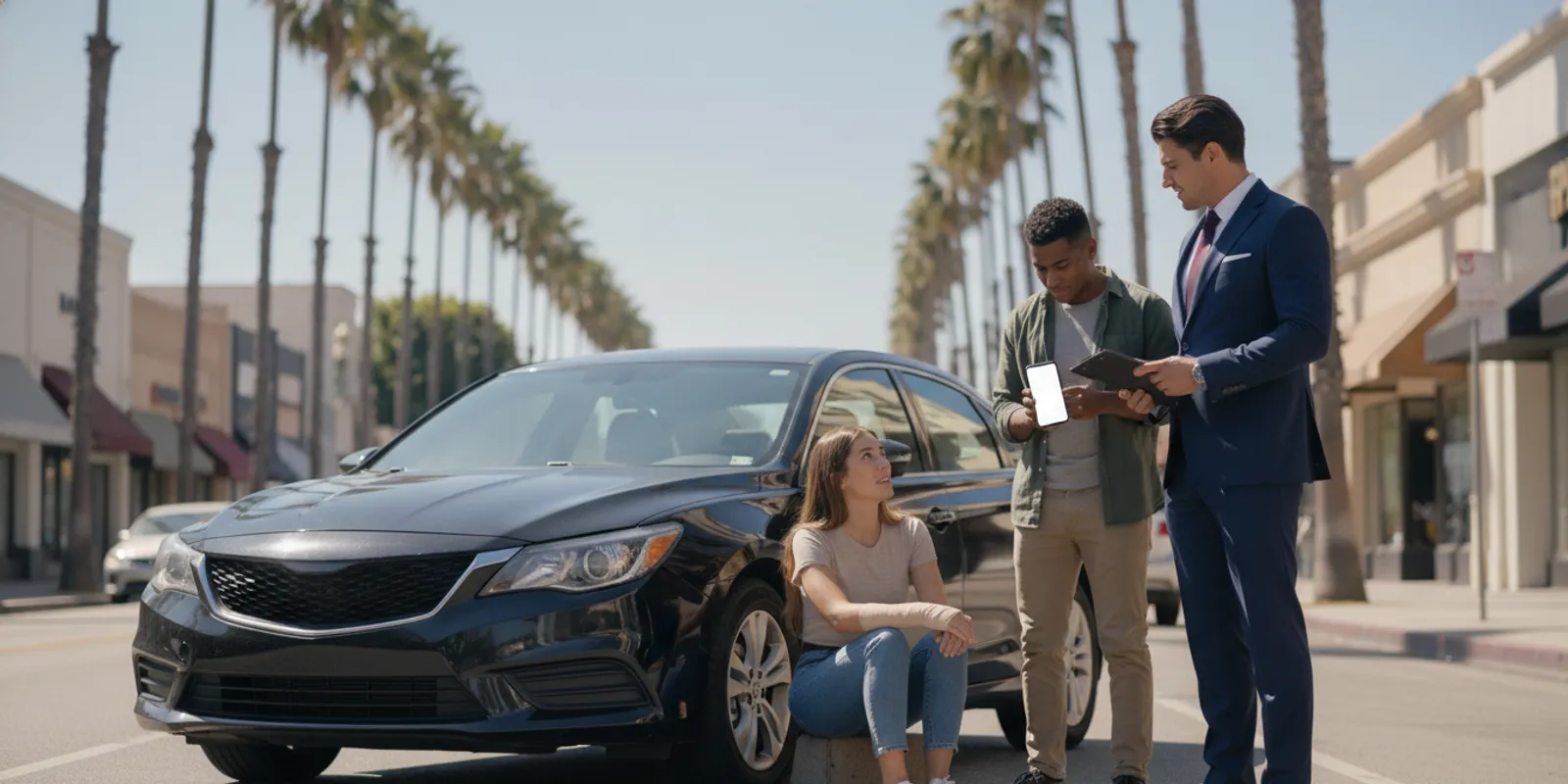 A rideshare vehicle stopped safely at a city curb after a collision, with the driver reviewing trip details on a phone