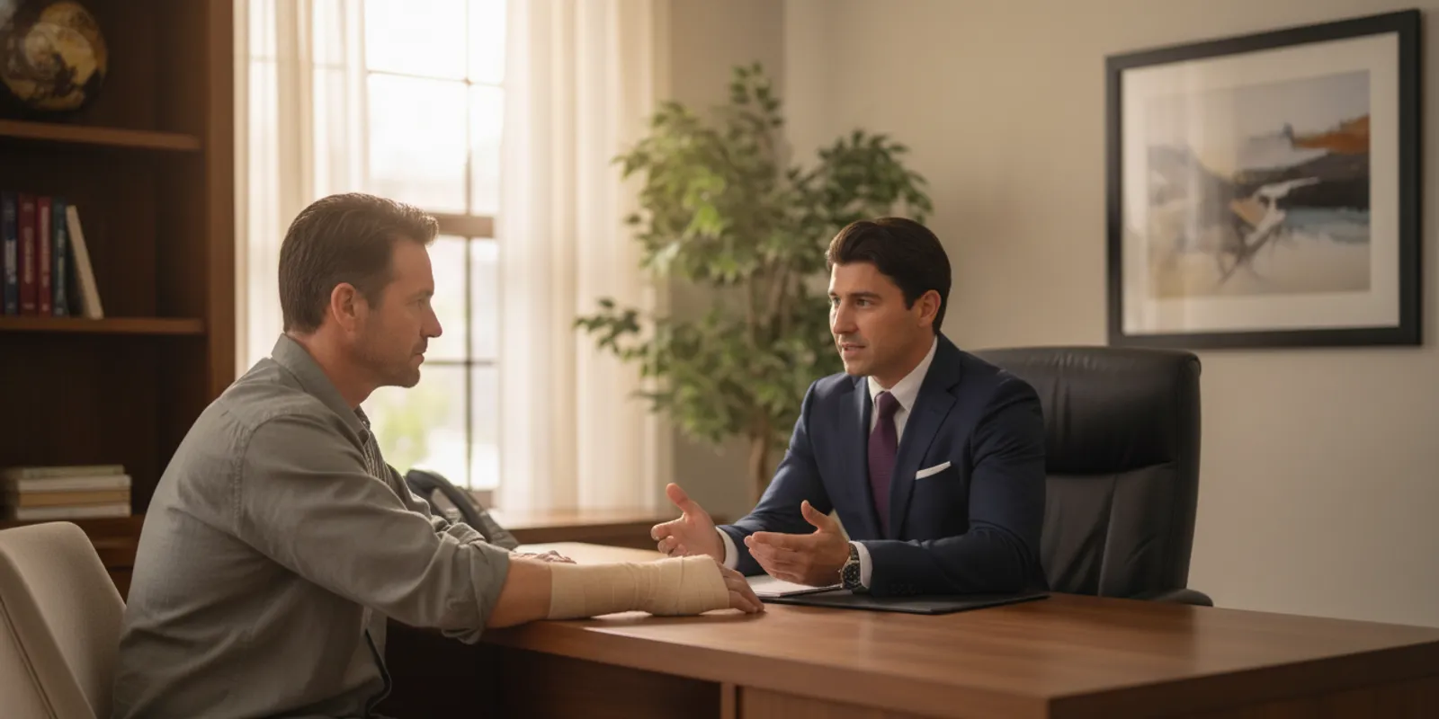 An attorney meeting with an injured client at a desk in a calm, welcoming office