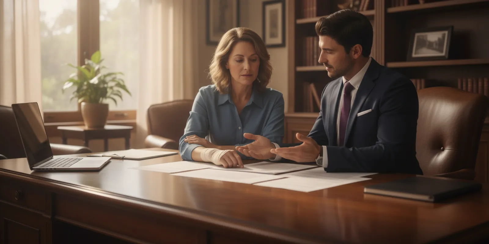 An injured California driver speaking with an attorney at a desk
