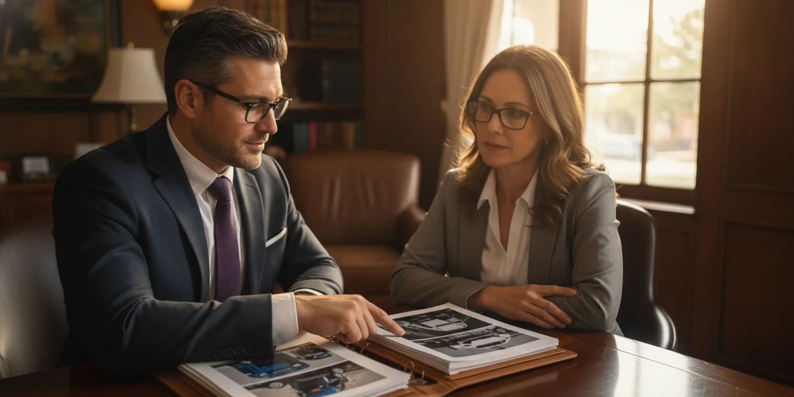 Attorney reviewing truck collision documents with an injured client