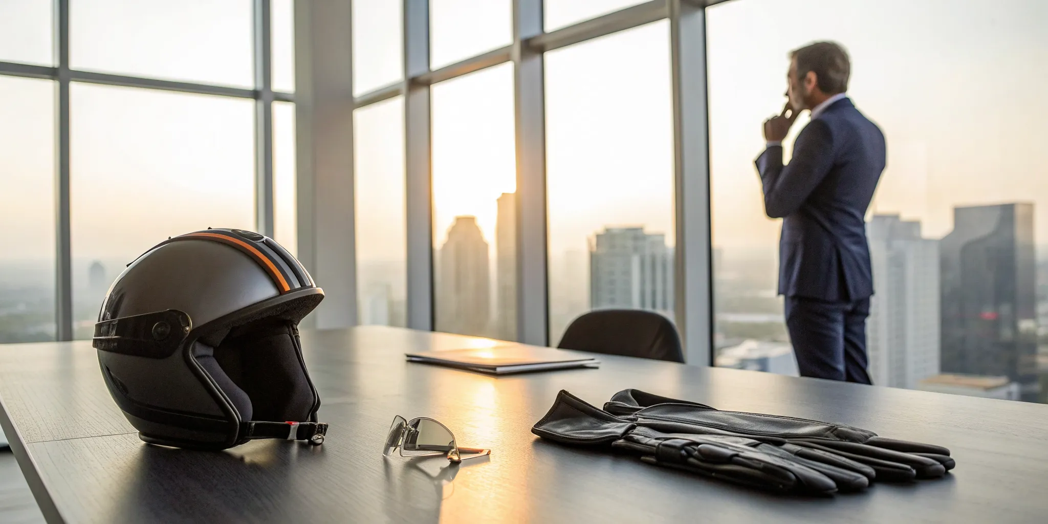 Motorcycle injury lawyer in an office with a helmet and gloves on the table.